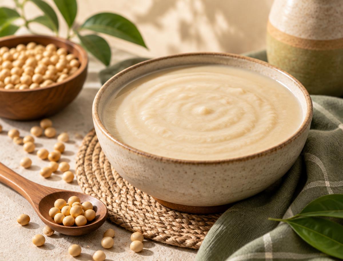 Creamy instant soy porridge in a ceramic bowl with soybeans