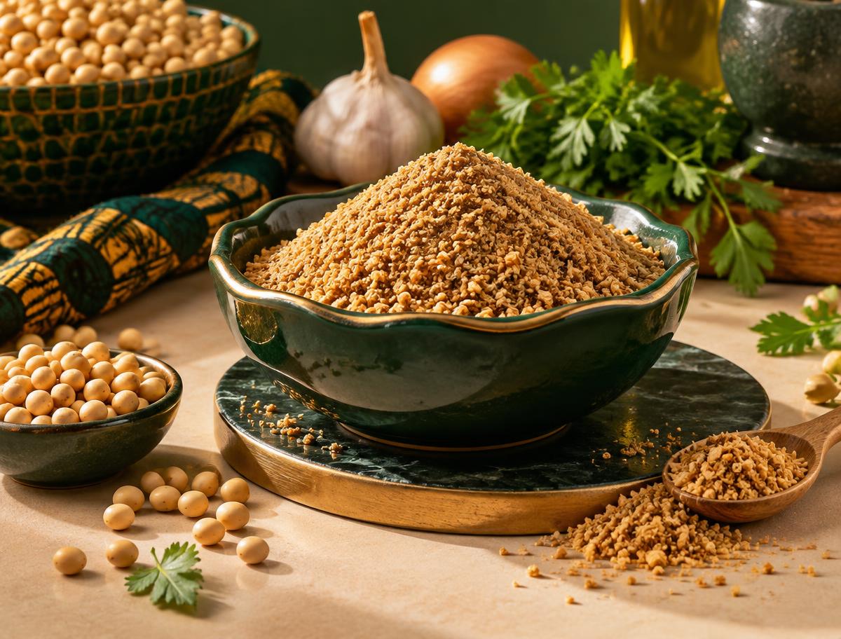 Soy seasoning in a green ceramic dish with herbs and soybeans