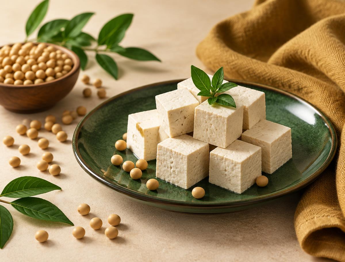 Premium tofu cubes with soybeans on a green ceramic plate