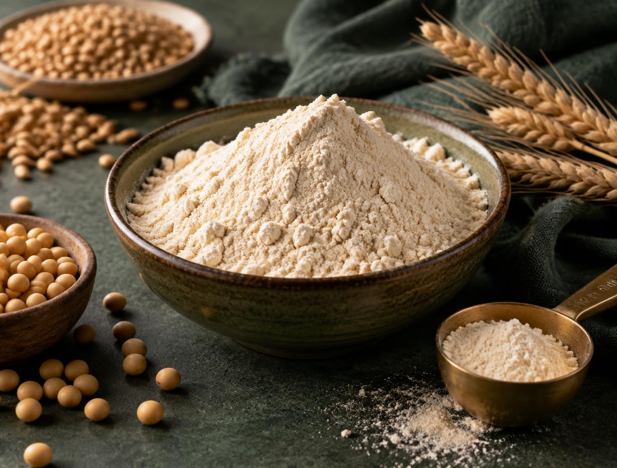 Vital gluten flour in a ceramic bowl with grains and soybeans